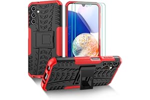 PILARU for Galaxy A14 5G Phone Case with Kickstand and 2 Pack HD Screen Protector [Military Grade Shockproof] Heavy Duty Robust Bumper Cover for Samsung A14 Case,Red