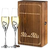 NUPTIO Champagne Flutes Glasses Wedding: Champagne Flute with Wooden Gift Box Crystal Prosecco Glass Set of 2, Silver Gift Set for Engagement Toasting Anniversary Party Bridal Showers