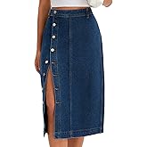 CIMUK Women Denim Midi Skirt High Waisted Button Up Casual Slit Jean Skirts