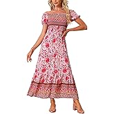 Allegra K Boho Smocked Dress for Women's Maxi Floral Off-Shoulder Flowy Dresses