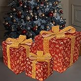 Christmas Decorations Lighted Gift Boxes, Set of 3 50 LED Light up Red Boxes with Bow, Suitable for Christmas Indoor Outdoor Decoration Xmas Tree Yard Decor(1 Pack)