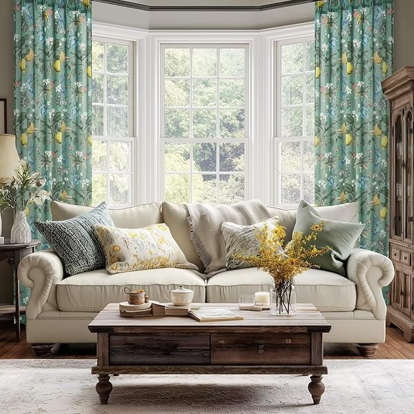 LINEN PINCH PLEATED FLORAL SHEER CURTAINS FOR BEDROOM VINTAGE FARMHOUSE LIGHT FILTERING PRIVACY SEMI SHEER CUTE LEMON HUMMINGBIRD CURTAIN FOR KIDS NURSERY LIVING ROOM 96 INCHES LONG 2 PANELS GREEN
