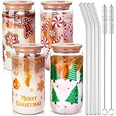 Mkhaslri 4Pcs Christmas Glass Cups, 16oz Christmas Mason Jars with Lid and Straw Tumbler Drinking Glasses Coffee Cups Jar Decor Glassware Water Bottles Xmas Home Decorations Gift for Kids Women Men