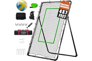 LOMGWAYS Volleyball Rebounder Net with Volleyball, Bungee Cords,Carry Bag and Neon Target, 5 Adjustable Angles Bounce Back Net for Volley Ball,Baseball,Improve Skills (4x7ft)