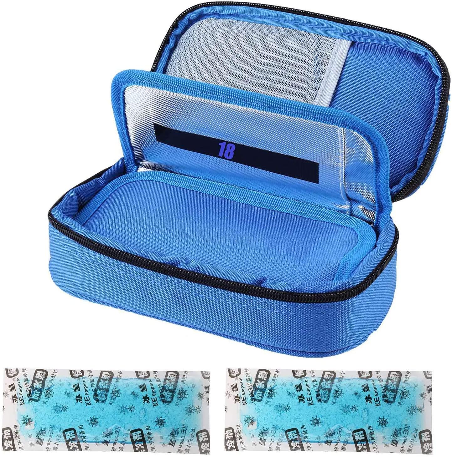ONEGenug Portable Insulin Cooler Bag Temperature Display Epipen case Diabetic Organizer Medical Travel Cooler + 2 Ice Chill Packs(Blue)
