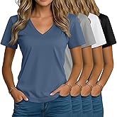Riyiper 4 Pack Women's V Neck T Shirts Short Sleeve Casual Tunic Tops Loose Fit Summer Curved Hem Basic Tee