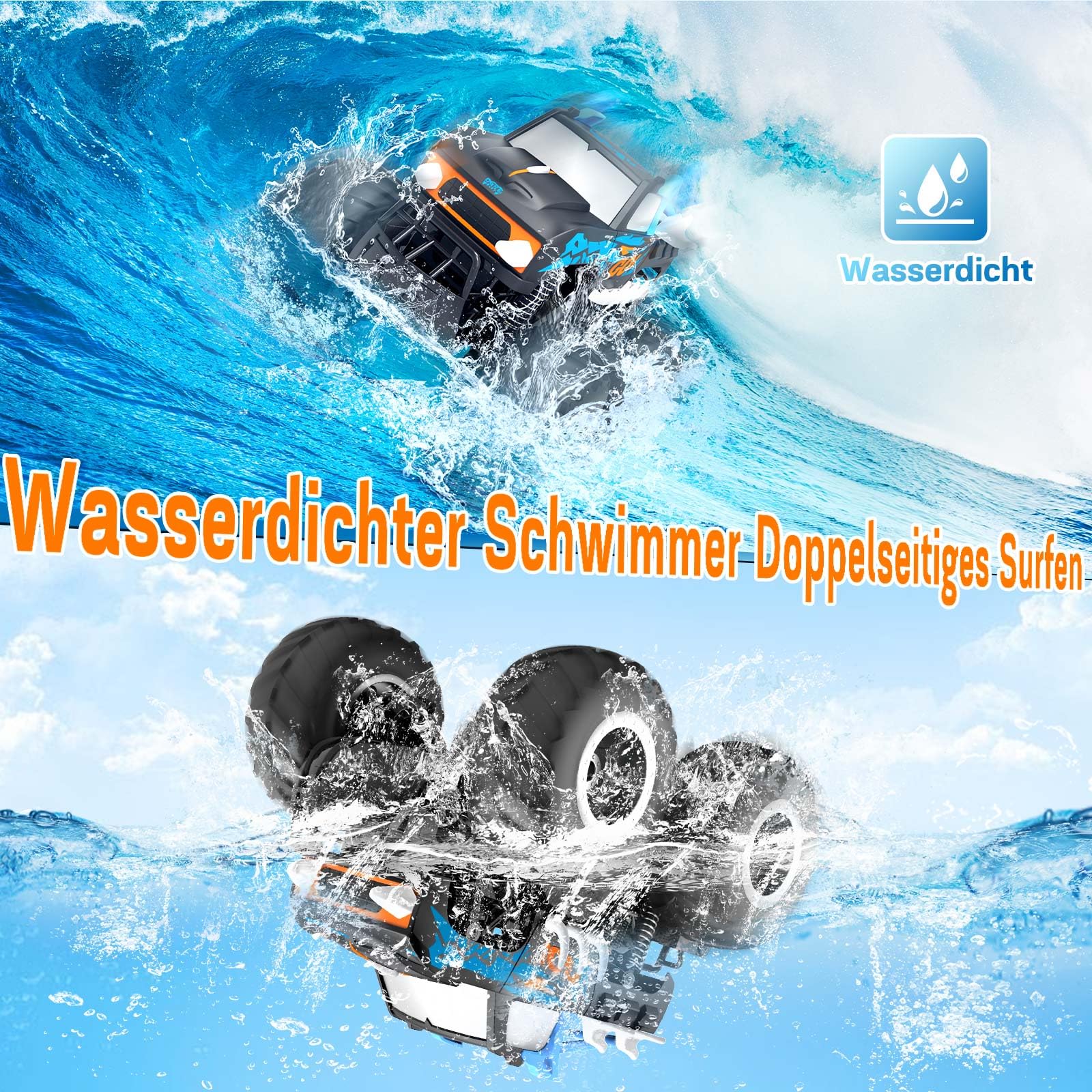 Gindoly Ferngesteuertes Auto,2,4 GHz Ferngesteuerter Monstertruck, 4WD 15+ km/h Hobby Offroad RC Auto, Wasserdicht Geländewagen Auto mit 2 Batterien, Spielzeug für Kinder ab 6 7 8 9 10 11 12 Jahre 2