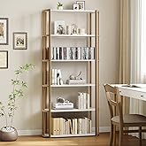 GAOMON 71 Inch Tall Bookshelf, 6 Tier Marble Bookcase with Heavy Duty Metal Frame, Slim Farmhouse Storage Shelves for Living Room, Bedroom, Office, White