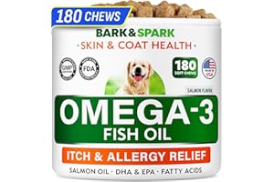 BARK&SPARK Omega 3 for Dogs - 180 Fish Oil Treats for Dog Shedding, Skin Allergy, Itch Relief, Hot Spots Treatment - Joint Health - Skin and Coat Supplement - EPA & DHA Fatty Acids - Salmon Oil