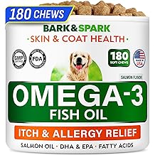 BARK&amp;SPARK Omega 3 for Dogs - 180 Fish Oil Treats for Dog Shedding, Skin Allergy, Itch Relief, Hot Spots Treatment - Joint He