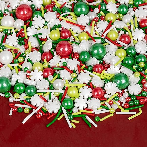 EDIBLE CHRISTMAS SPRINKLES FOR CAKE DECORATING,130G,WHITE SNOWFLAKES RED GREEN PEARLS AND JIMMIES MIX,EDIBLE WINTER SUGAR PEARL HOLIDAY SPRINKLE FOR CUPCAKE TOPPERS,COOKIE,ICE CREAM DESSERT DECORATIONS BIRTHDAY CHRISTMAS PARTY SUPPLIES