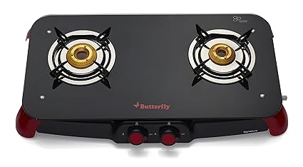 Butterfly Signature Glass 2 Burner Gas Stove, Black/Red