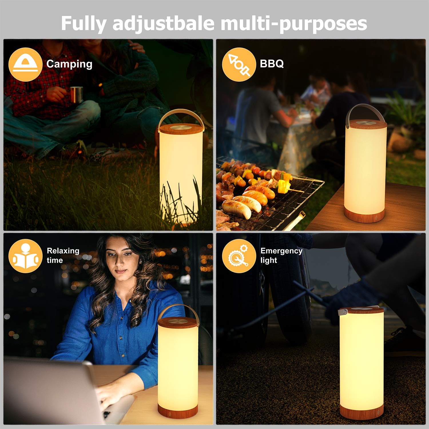 TaoTronics TT-DL23 Beside Table Lamp Touch Senor Portable Lantern with Memory Function and 4000mAh Rechargeable Battery, Dimmable Night Lights for Bedroom, Living Room, Office, Outdoor - - 