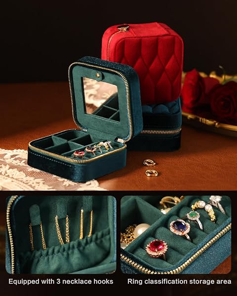 VIDIFINA TRAVEL JEWELRY BOX WITH MIRROR – TEAL BLUE VELVET ORGANIZER ADJUSTABLE COMPARTMENTS FOR NECKLACES, RINGS | PORTABLE LUXURY TRAVEL JEWELRY CASE FOR WOMEN, GIFT-WORTHY DESIGN