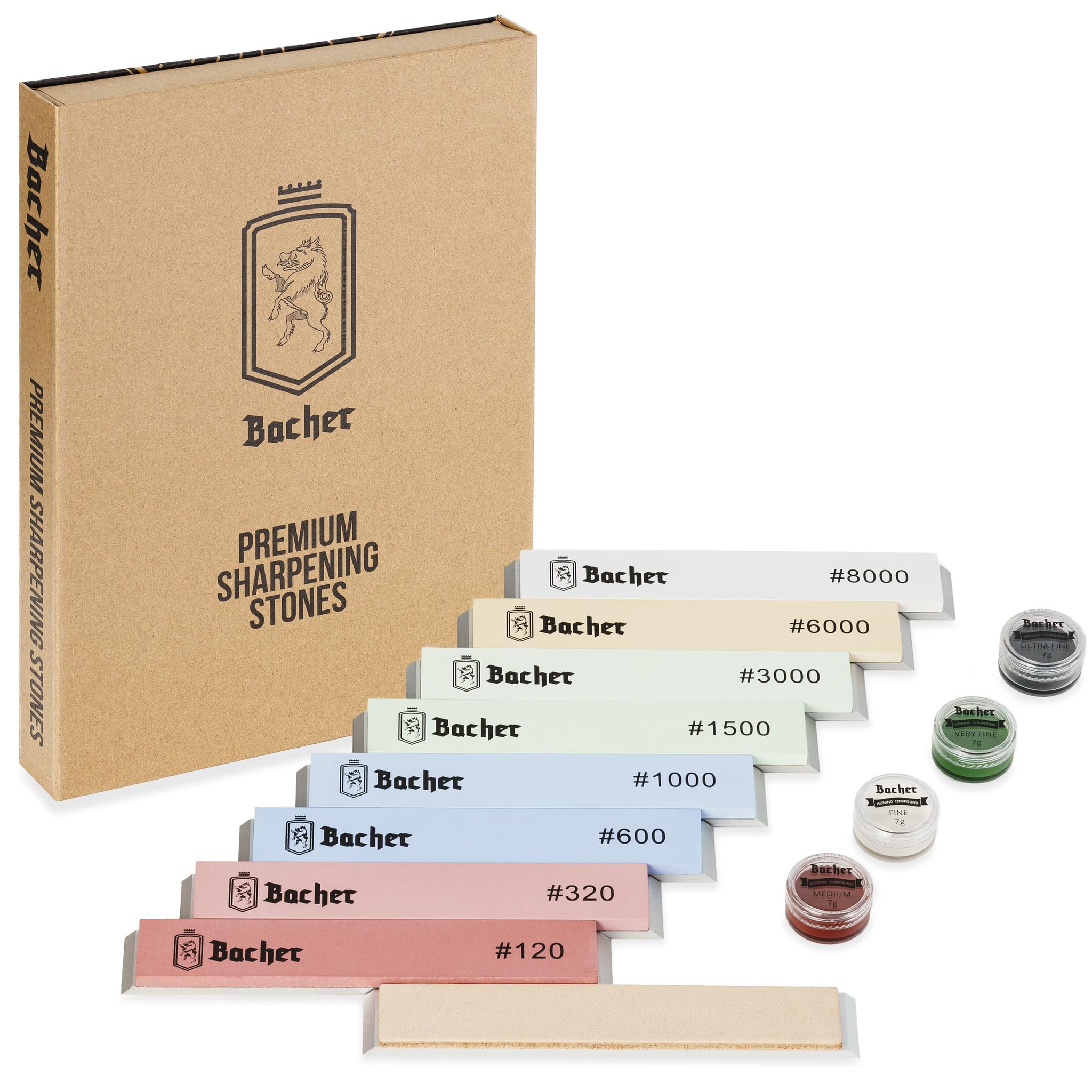 Bacher Corundum System Knife Sharpening Stone – 8 Stone Set #120 - #8000 + Leather Strop for Fixed Angle Apex Edge, Ruixin and KKmoon Sharpening Systems