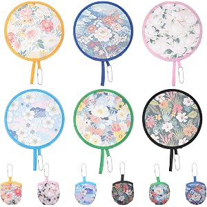 GEEHUA 6PCS Floral Round Foldable Hand Fan, 6 Styles Round Folding Fan Japanese Cooling Fans Portable Handheld RoundFans for