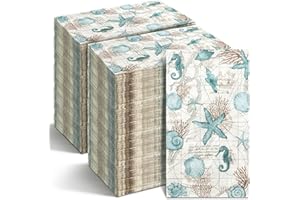 Moinchore 200 Pieces Summer Paper Hand Towels for Bathroom Beach Guest Napkins Seahorse Shell Conch Starfish Decorative Paper Napkins Nautical Disposable Hand Towels for Baby Shower Party Supplies