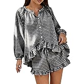 COZYPOIN Womens 2 Piece Gingham Pajama Set Y2K Plaid Cotton Long Sleeve Button Down Shirt and Ruffle Shorts Lounge Set