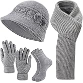 Croloose Women Beanie Hat Scarf Gloves Socks Winter Set, Warm Fleece Lined Hat Knit Scarf Touchscreen Gloves Socks 4 Gift Set