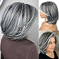 LEOSA Short Grey Wig With Curtain Bangs BoB Layered Silver Grey Wigs for Women BOB Layered Wigs Pixie Cut Layered Wig Hair Synthetic Hair Wigs With Daily Use (Grey#)