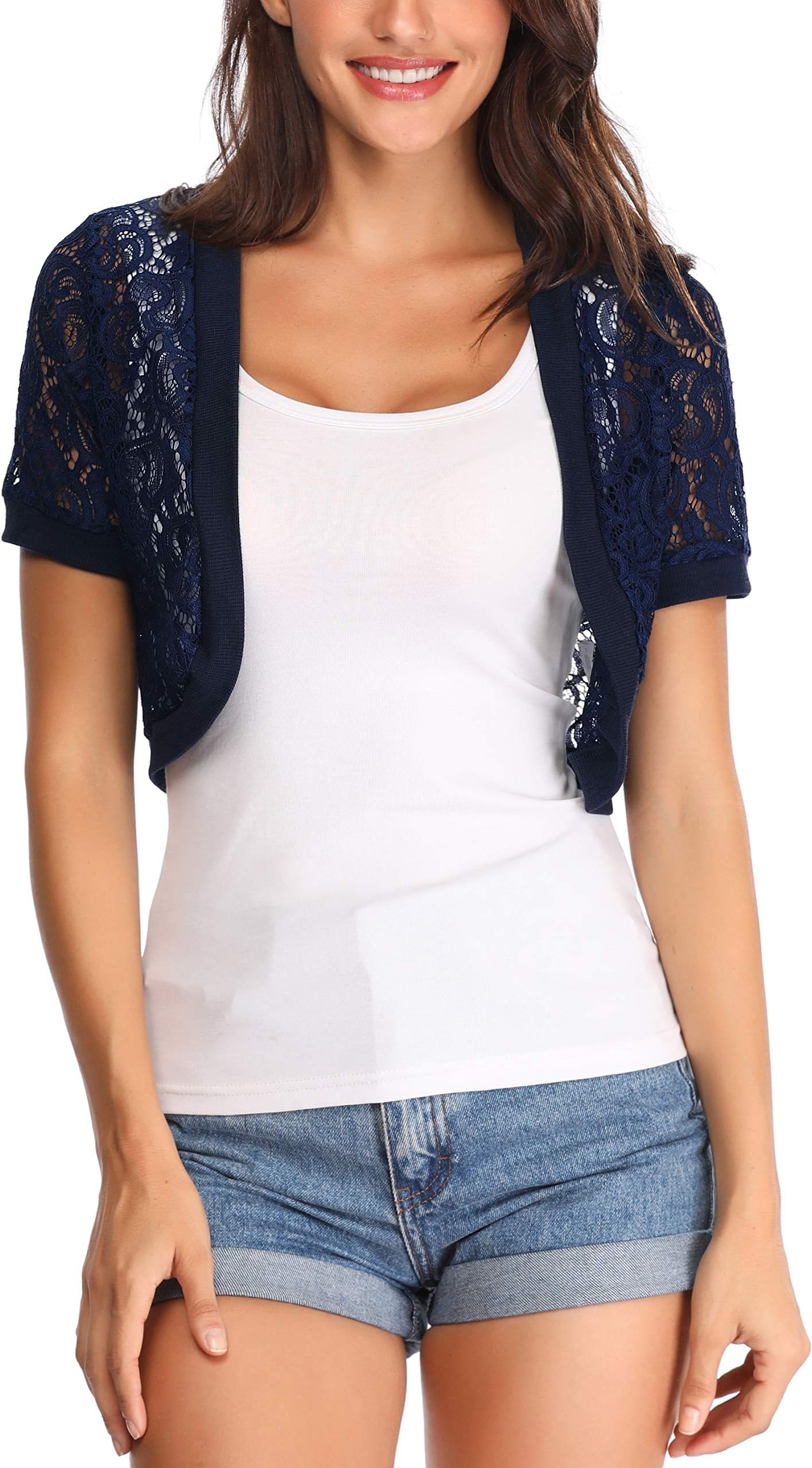 Aranmei Womens Short Sleeve Floral lace Shrug Open Bolero Cardigan