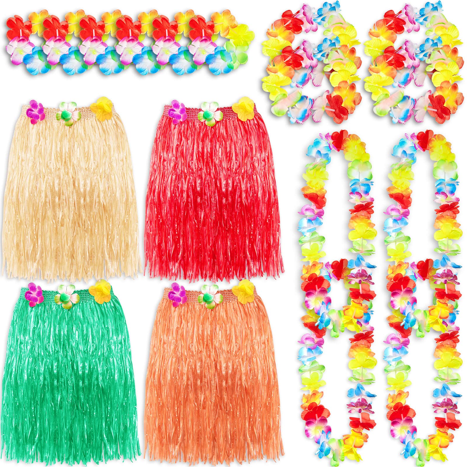 Chuangdi 20 Pcs Hawaiian Hula Grass Skirt Sets, Including 4 Hawaiian Party Fancy Dress Costume and 4 Sets Flower Leis Garland Bracelets Headbands for Tropical Luau Party Photo Props Supplies