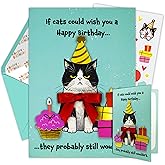 Decorably Gold-Foiled 5x7in Handmade Individual Birthday Card Cat Funny with Cutouts and Ribbon, Textured Cat Birthday Cards for Women Set with Envelope and Stickers, with Printed Message Inside