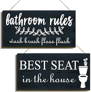 Jetec 2 Pieces Funny Bathroom Wall Decor Signs Rustic Bathroom Rules Prints Sign Best Seat Farmhouse Bathroom Decor Vintage Wooden Decoration for Home Bathroom Wall Decor, 12 x 6 inch