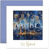 Luxury Greeting Card for Eid Mubarak Family Friends, Greeting Card for Eid Islamic Eid, Navy Blue and Gold Mubarak Decorations, Muslim Gift for Family and Friends