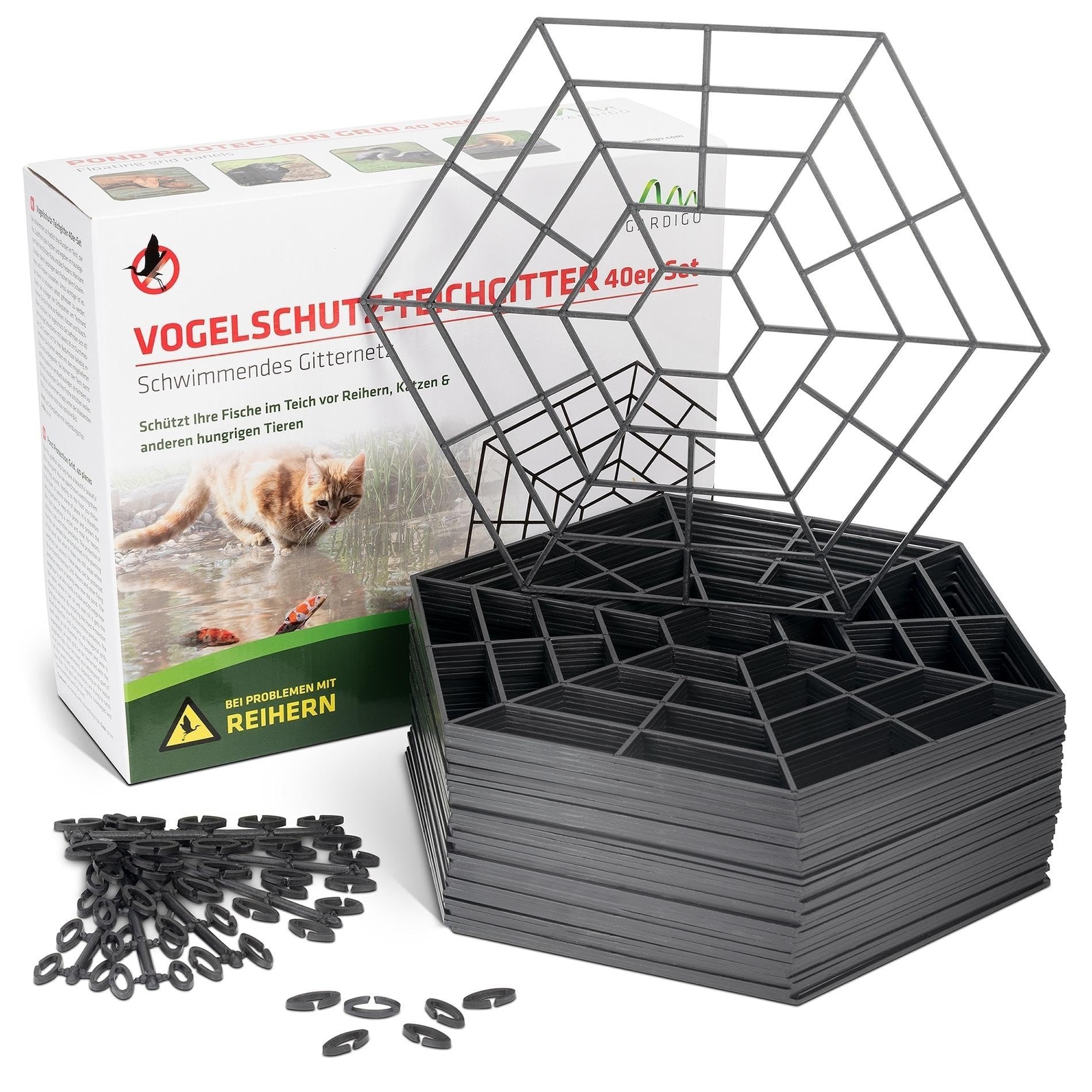 GARDIGO® Pond Protection Grid - Set of 40 | Heron Deterrent Fish Pond | Cat Deterrent Bird Repellent | Garden Pond Protectors from Herons | Heron Scarer Floating Pond Protector | Pond Equipment