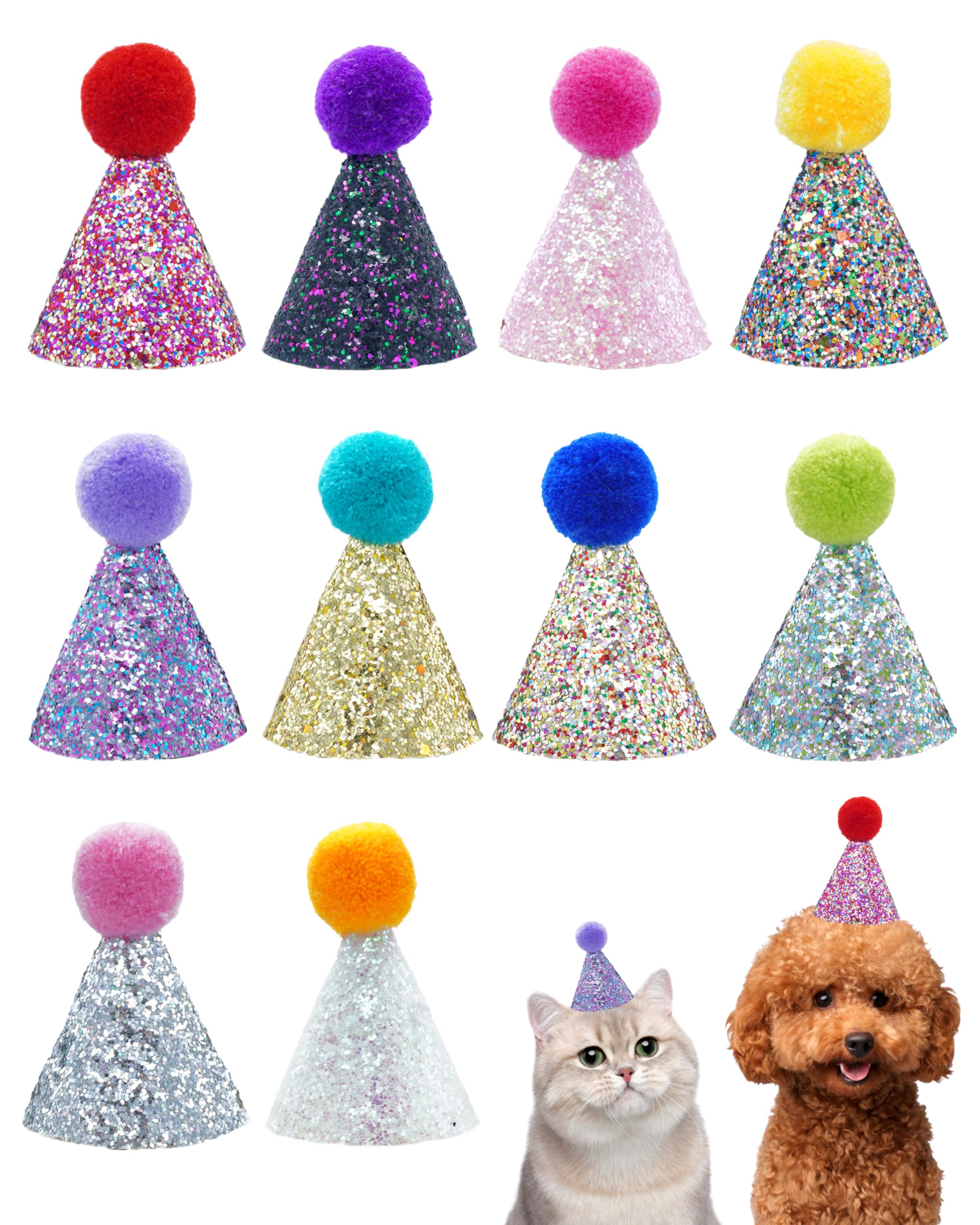 Photo 1 of PET SHOW 10 Pack Mini Small Dog Hats with Sequins Puppy Birthday Party Hats Cats Adjustable Holiday Hats Headband Kitten Hats Pet Grooming Costume Accessories