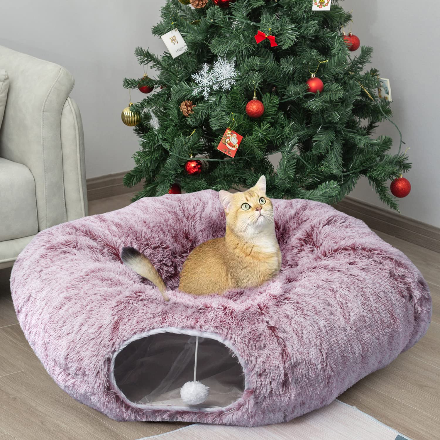 Photo 1 of AUOON Cat Tunnel Bed for Indoor Cats - Circle Peekaboo Cat Cave with Washable Mat for Indoor Cats Kitten Kitty Puppy Rabbit Ferret (Rosiness)
