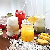 Pletmin 4 Pcs Ribbed Glass Cups, Vintage Drinking Glassware with Glass Straw 18 Oz Bubble Iced Coffee Cup for Juice, Tea, Beverage, Milk, Beer, Cocktails Ideal for Gift