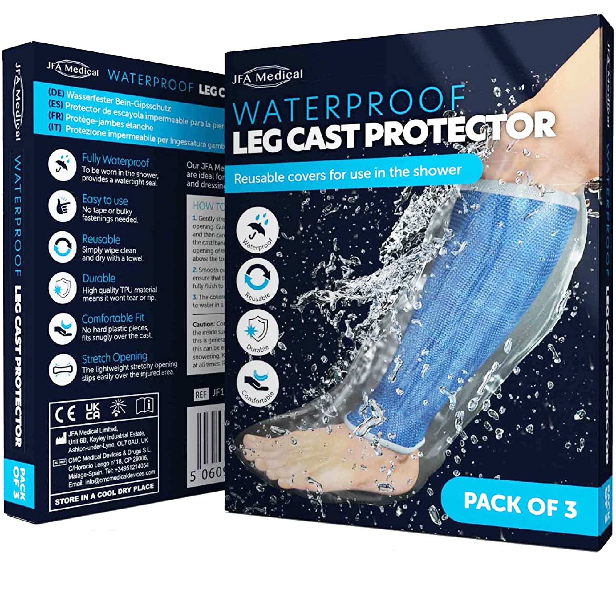 JFA Medical Box of 3 Reusable Waterproof Shower Leg Cast Cover Protectors, Half Leg