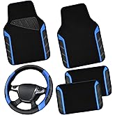 CAR PASS Leather Steering Wheel Cover and Waterproof Car Floor Mats,Microfiber Universal Car Combo Fit for 95% Sedan,SUV,Cars,14.5-15inch Sporty Anti-Slip Safety Comfortable Design(Black&Blue)