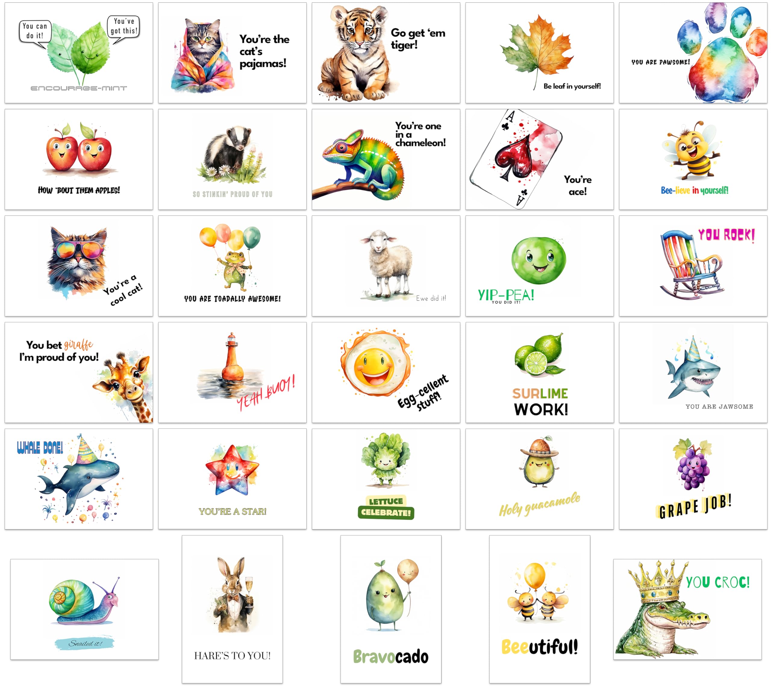 the lazy panda card company 60 Pack of Pun Postcards Encouragement Motivational Affirmations - 30 Different Designs for Children Teens Students