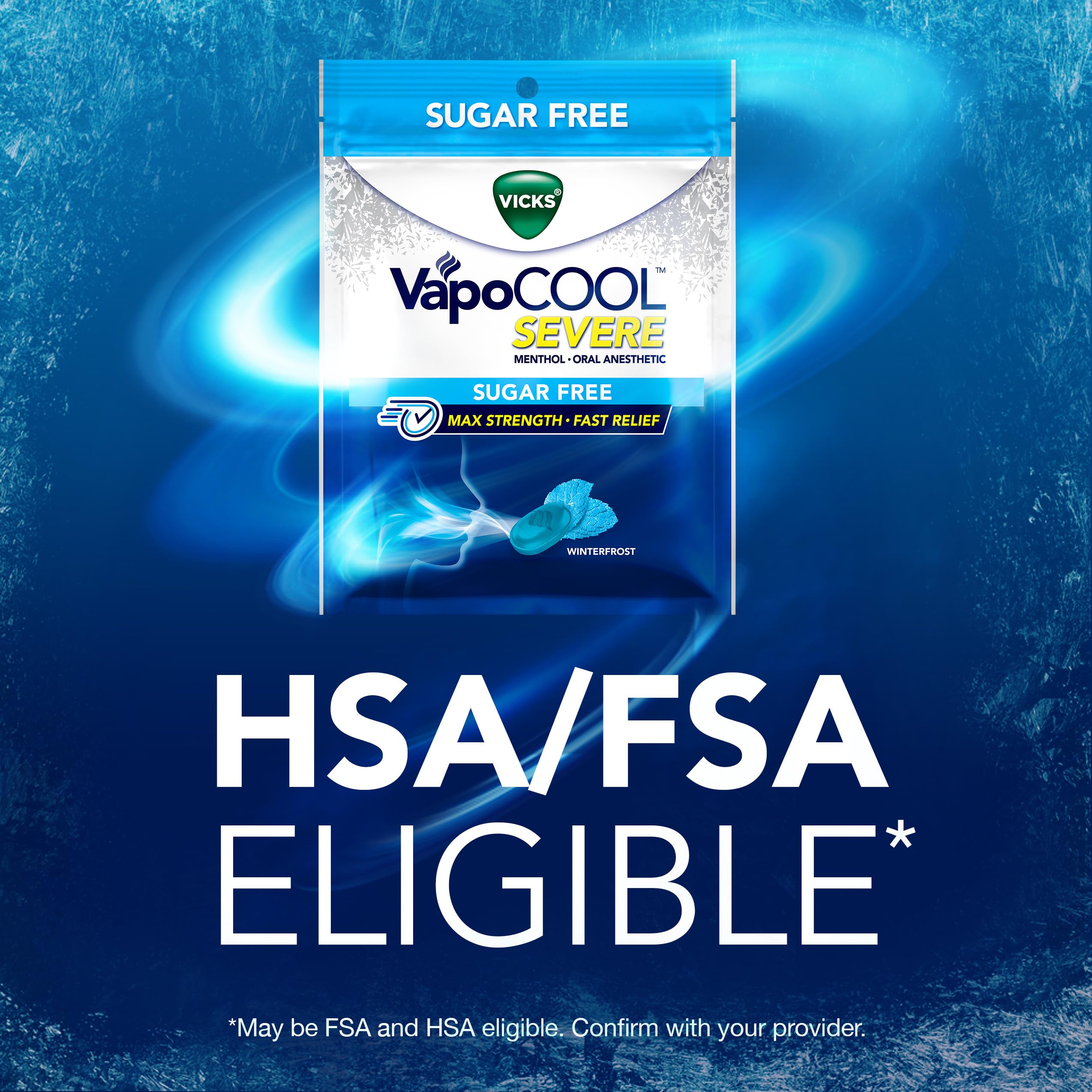 Vicks VapoCool Severe Sugar Free, Medicated Sore Throat Drops, Max Strength Menthol, Soothes Sore Throat Pain, Winterfrost Flavor, 30ct