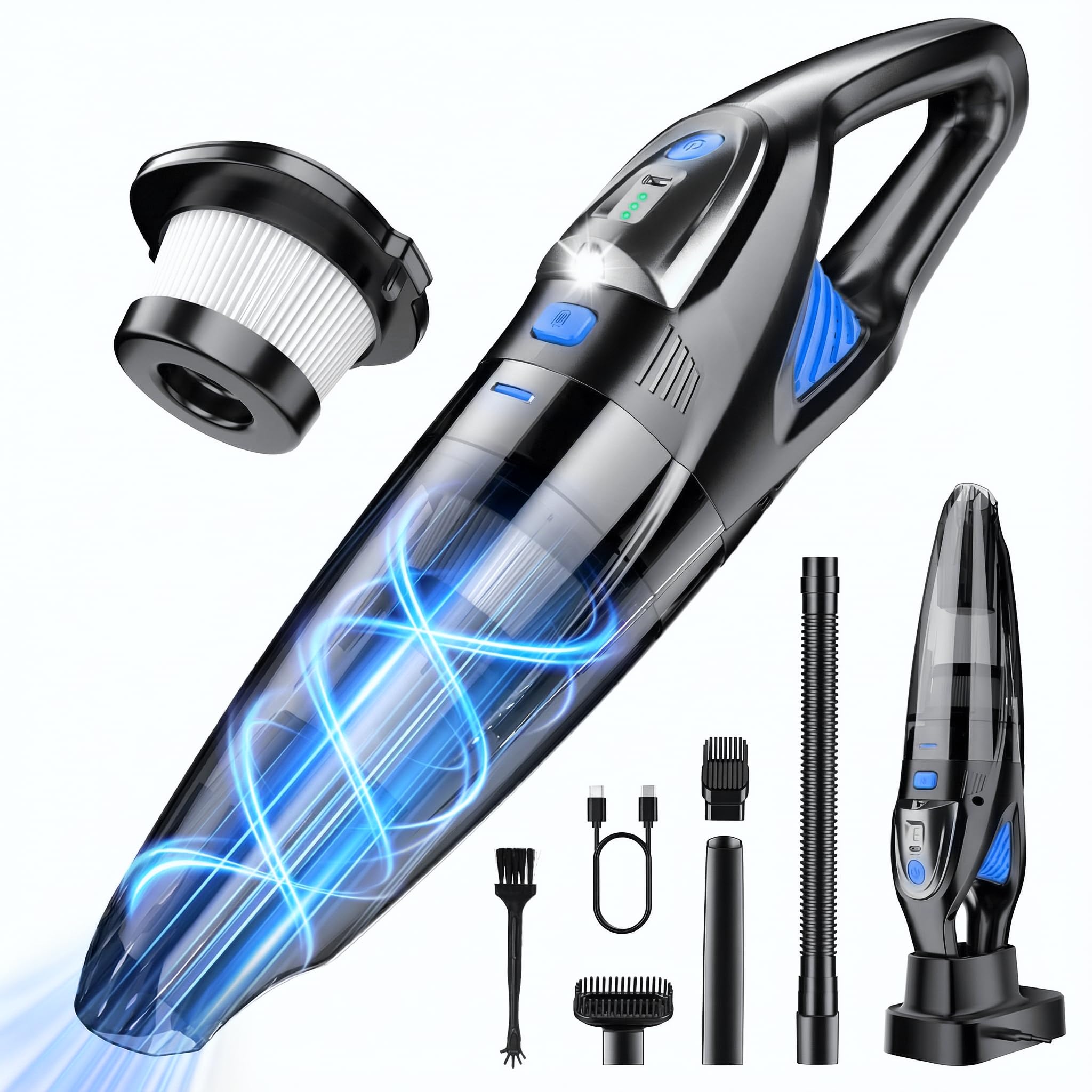 ZIHUOFAN Handheld Vacuum Cordless 25000PA Powerful Suction, Portable Car Vacuum, 3 in 1 Hand Held Vacuum Rechargeable 8000mAh with LED Light, HEPA Filter, Home, Car Seats, Office, Pet Hair Blue+Black