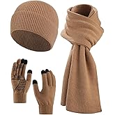AWAYTR Women Winter Beanie Hat Scarf Gloves Set, 3Pcs Warm Knitted Hat Touchscreen Gloves Long Scarf for Cold Weather