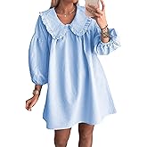 Ynhonra 2026 Women's Babydoll 3/4 Puff Sleeve Plaid Mini Dress Lapel Doll Collar Loose Y2k Dress