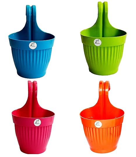 Florobasket Plastic Hanging Hook Pot With Drainage Hole, Multicolour, 10.5 x 5.2 x 6 Inch, 4 Pieces