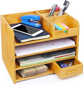 Bamboo Office Desk File Organizer with Drawer, 4-Tiers Bamboo Document Letter Organizer Tray Mail Sorter for Desk with Pen Holder, 9 Storage Compartments for Desk Accessories & Office Supplies