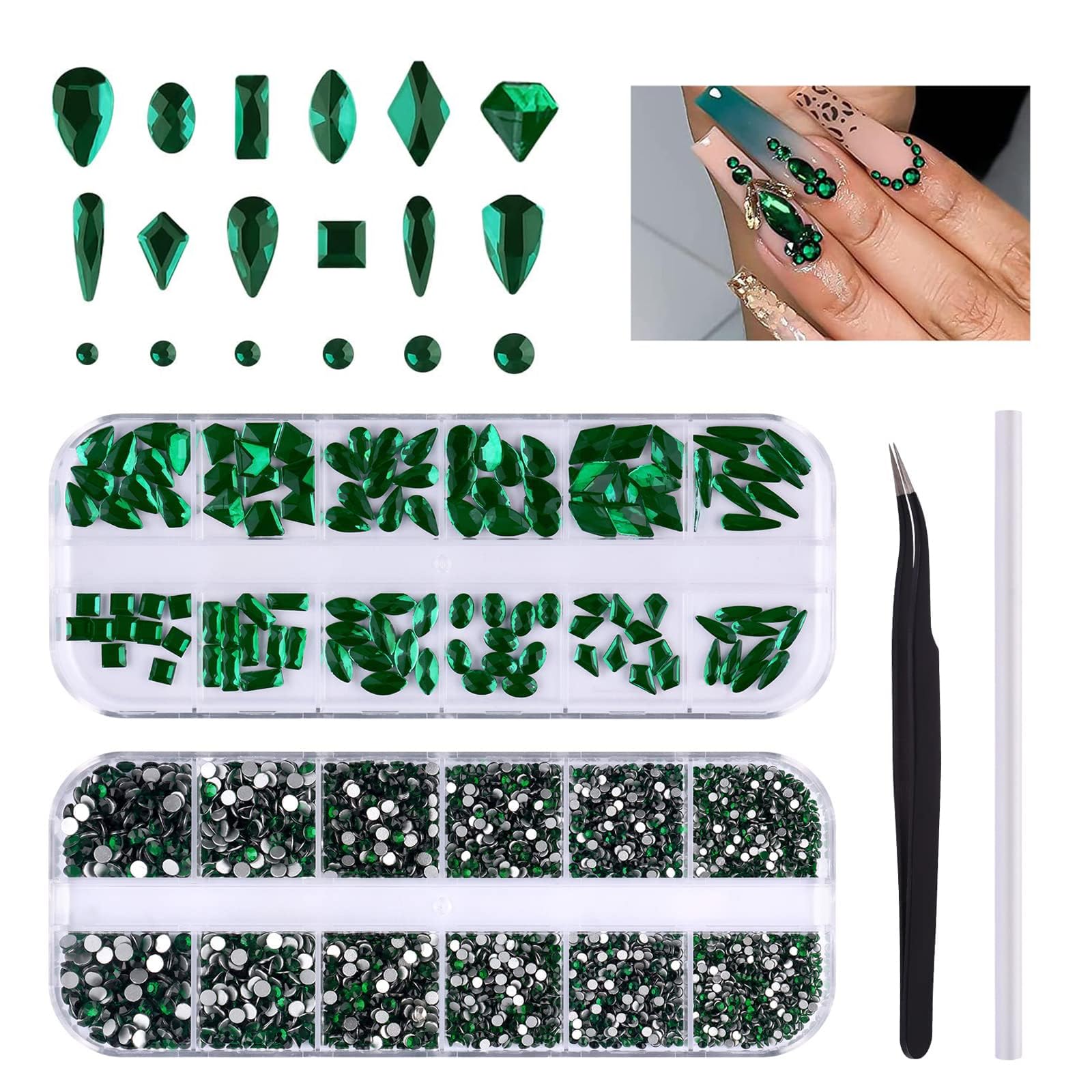 3120 Pcs Green Nail Rhinestone Gems Kit EBANKU Nail Art Crystal Flatback Nail Gems Diamonds for DIY Nail Art Decoration