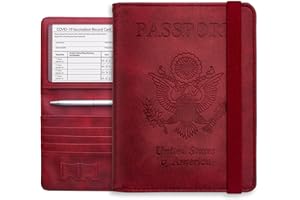 WALNEW Passport Holder Wallet, RFID Blocking Passport Cover Case PU leather Card Holder with Pen and Clear Card Slot for Women Men, Red