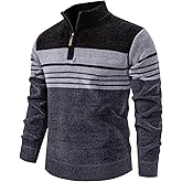 TebYIA Mens Quarter Zip Pullover Mock Neck Slim Fit Striped Knit Sweaters Casual Fall Winter Lightweight Polo Sweater