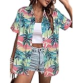 Women's Hawaiian Shirts Floral Tropic Print V Neck Button Down Shirt Summer Hawaii Short Sleeve Blouse Tops