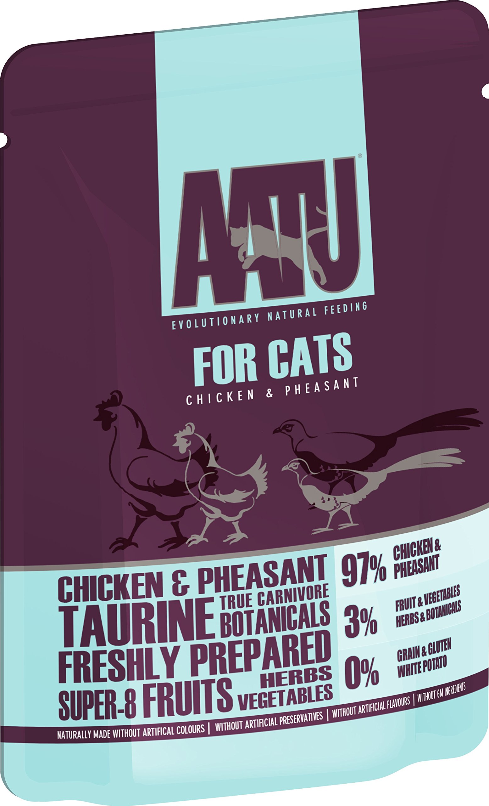 AATU 97/3 Complete Wet Cat Food, Chicken & Pheasant (10x85g) - Grain Free Recipe, No Artificial Ingredients, Easy Tear Pouches