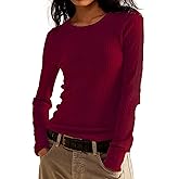 Womens Waffle Knit Tops Long Sleeve Shirts Slim Fitted Pullover Crewneck Shirt Fall Winter Tops 2025