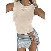Meladyan Women Sexy Fishnet Knit Glittering Crop Tank Going Out Top Sheer Mesh Sleeveless Crewneck Solid Slim Cropped Tops