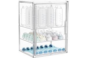 HBlife Baby Bottle Storage Organizer for Countertop Cabinet, 3 Tiers Adjustable Clear Acrylic Bottles Storage Station Case Box Container with 2 Removable Dividers and Magnetic Door, Large